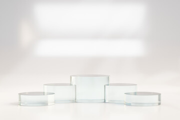 five cylinder block clear glass step podium light theme White background. 3D illustration rendering.