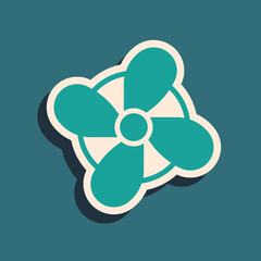 Green Boat propeller, turbine icon isolated on green background. Long shadow style. Vector