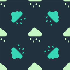 Green and beige Cloud with rain icon isolated seamless pattern on blue background. Rain cloud precipitation with rain drops. Vector