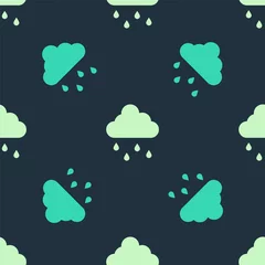 Fotobehang Green and beige Cloud with rain icon isolated seamless pattern on blue background. Rain cloud precipitation with rain drops. Vector © vector_v