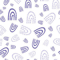 Vector dotted rainbow childish style seamless pattern background. Pastel purple white backdrop with hand drawn rainbows and dots. Scattered curved shapes tumbling design. Fun repeat for kids, baby