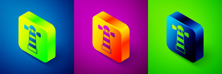 Isometric Lighthouse icon isolated on blue, purple and green background. Square button. Vector