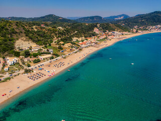 beautiful aerial  drone view of agios georgios beach in north corfu greece