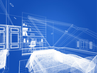 sketch design of interior attic bedroom,3d rendering