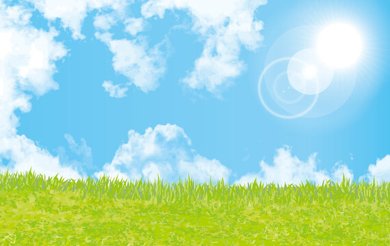 【ベクターai】青空と草原のどかなピクニックリゾート地サマーバケーションやお盆時季イメージ背景壁紙イラスト素材