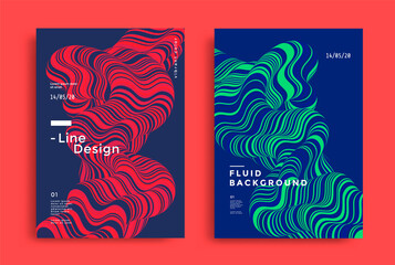 Red and blue optical fluid wave. Duotone geometric compositions with art 3d shape. Dynamic flow background design for the cover, flyer.
