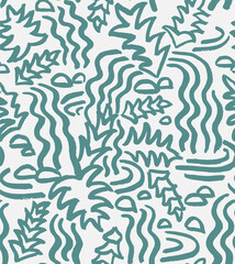 Tropical Waterfall Hand Drawn with a Brush Vector Seamless Pattern.Water and Jungle Leaves Design for Fabric, Wrapping Paper, Gift Cards etc.