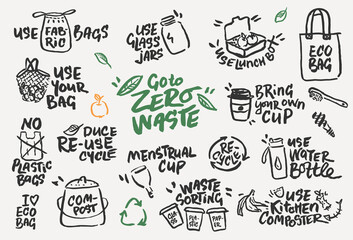  Zero Waste Eco Concept. Black&White  Sustainable Lifestyle Icons and Lettering Set. Hand Drawn  with a Brush Symbols