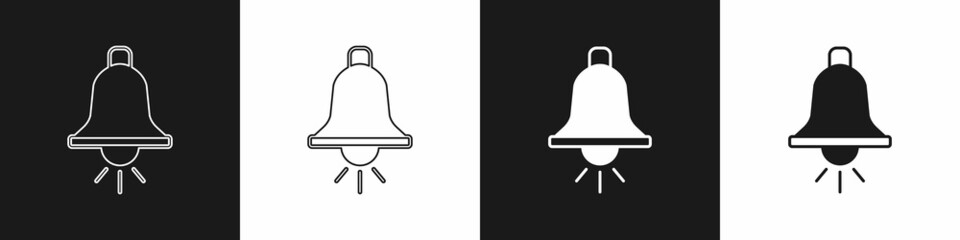 Set Ringing alarm bell icon isolated on black and white background. Fire alarm system. Service bell, handbell sign, notification symbol. Vector