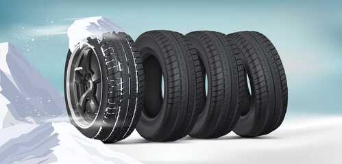 Car tires on the winter roadway. Set of icy wheels with snow on top. Collection of winter tires and snow poster. Tires in a snowdrift. A blizzard blows over car wheels. Tyre with rim on snowy road.