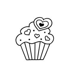Muffin, cupcake with hearts. Vector Illustration for printing, backgrounds, covers, packaging, greeting cards, posters, stickers, textile and seasonal design. Isolated on white background.