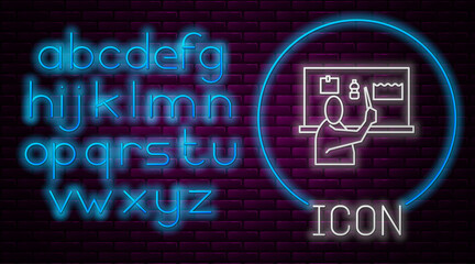 Glowing neon line Stop plastic pollution icon isolated on brick wall background. Ecological poster. Neon light alphabet. Vector Illustration