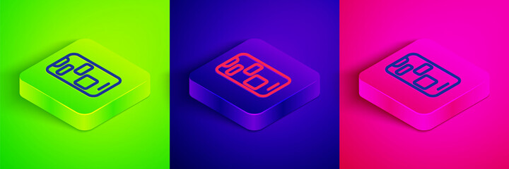 Isometric line Mobile 24 hours support icon isolated on green, blue and pink background. All-day customer support call-center. Full time call services. Square button. Vector