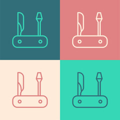 Pop art line Swiss army knife icon isolated on color background. Multi-tool, multipurpose penknife. Multifunctional tool. Vector