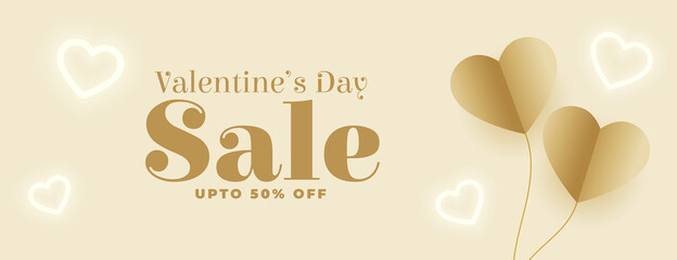 valentines day sale golden banner with paper and neon hearts