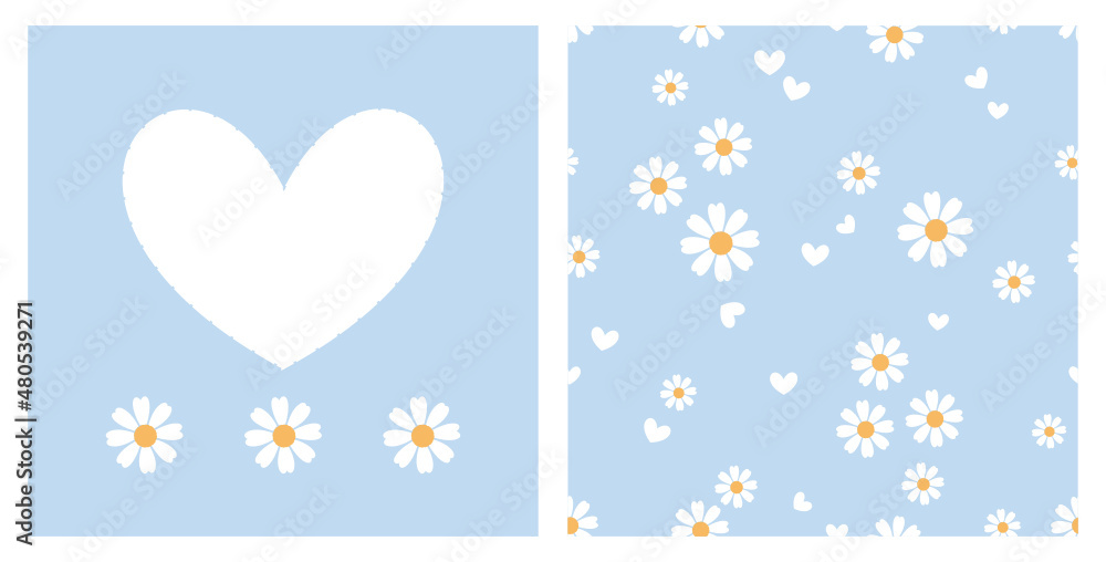 Poster Seamless pattern with daisy flower and hand drawn hearts on blue background vector.