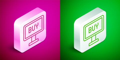 Isometric line Buy button icon isolated on pink and green background. Silver square button. Vector