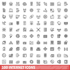 100 internet icons set, outline style