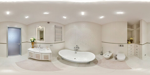 white seamless 360 hdr panorama in interior of expensive bathroom in modern flat apartments with...