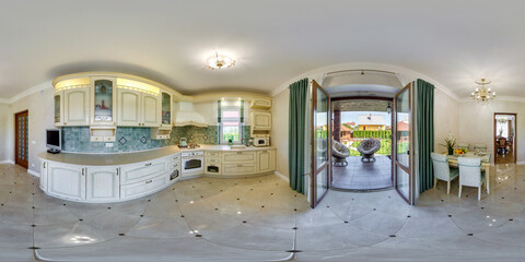 360 hdr panorama in interior of kitchen with served table in country house with open balcony with...