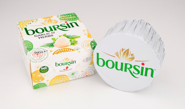 Boursin garlic and herb full fat soft creamy cheese in a festive 150g pack