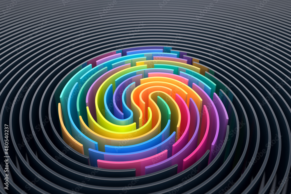 Poster 3d render abstract background of stylized fingerprint of smooth lines of spline gradient multicolor 