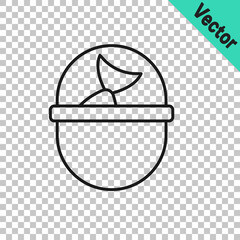 Black line Fishing bucket with fish icon isolated on transparent background. Fish in a bucket. Vector