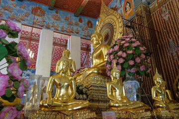 Bangkok, Thailand - January 2022: Buddha statues at Wat Chana Songkhram on January 6, 2022 in Bangkok, Thailand.