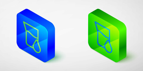 Isometric line Oil petrol test tube icon isolated on grey background. Cmemistry flask and falling drop. Blue and green square button. Vector