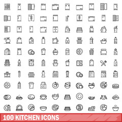 100 kitchen icons set, outline style