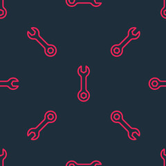 Red line Wrench spanner icon isolated seamless pattern on black background. Spanner repair tool. Service tool symbol. Vector