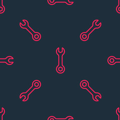 Red line Wrench spanner icon isolated seamless pattern on black background. Spanner repair tool. Service tool symbol. Vector