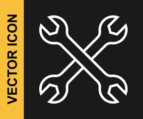 White line Wrench spanner icon isolated on black background. Spanner repair tool. Service tool symbol. Vector