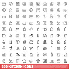 100 kitchen icons set, outline style