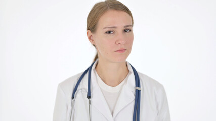 Female Doctor showing No Sign by Shaking Head on White Background