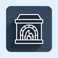 White line Blacksmith oven icon isolated with long shadow background. Blue square button. Vector