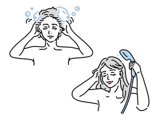 髪を洗うイラスト(髪をとかす、コスメ、シャンプー、リンス、ブラシ、パジャマ、クリーム、乳液、化粧水) Illustration of washing hair.Cosmetics, shampoo, rinse, brush, pajamas.