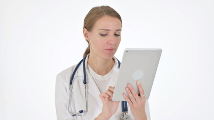 Female Doctor using Digital Tablet on White Background