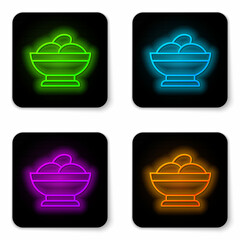 Glowing neon line Varenyky in a bowl icon isolated on white background. Pierogi, varenyky, dumpling, pelmeni, ravioli. Traditional Ukrainian food. Black square button. Vector