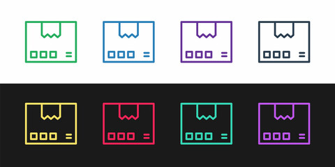Set line Carton cardboard box icon isolated on black and white background. Box, package, parcel sign. Delivery and packaging. Vector