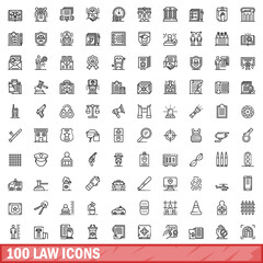 100 law icons set, outline style