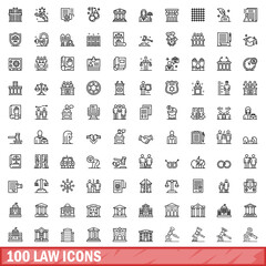 100 law icons set, outline style - obrazy, fototapety, plakaty