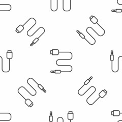 Grey line Audio jack icon isolated seamless pattern on white background. Audio cable for connection sound equipment. Plug wire. Musical instrument. Vector