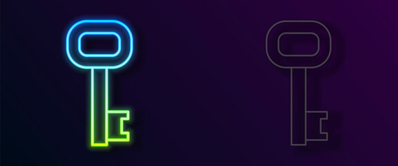 Glowing neon line Old key icon isolated on black background. Vector