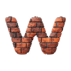 Bricks letter W on clean white background isolated red bricks wall 3D render