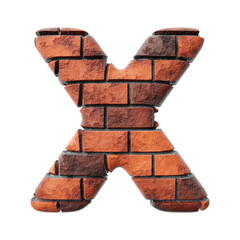 Bricks letter X on clean white background isolated red bricks wall 3D render