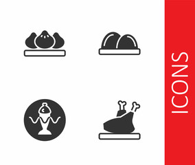 Set Roasted turkey or chicken, Dumpling, Served fish on plate and Sushi icon. Vector