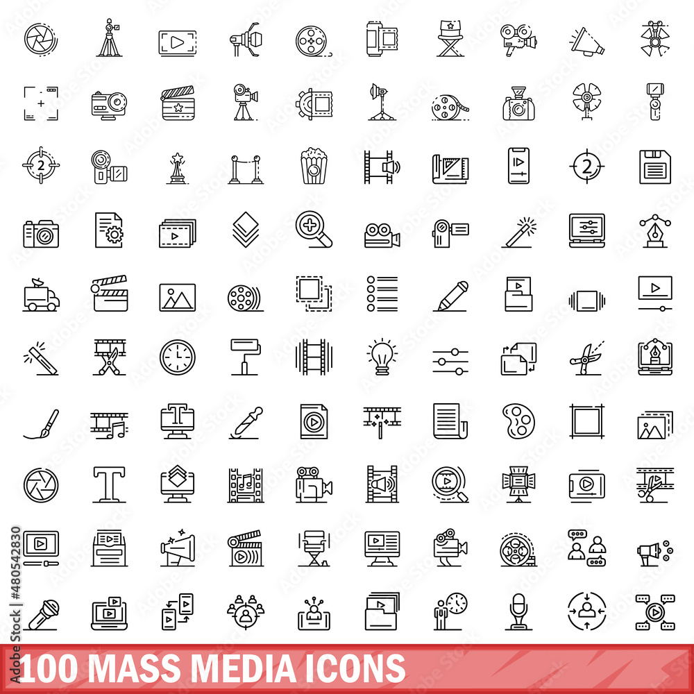 Wall mural 100 mass media icons set, outline style - Wall murals