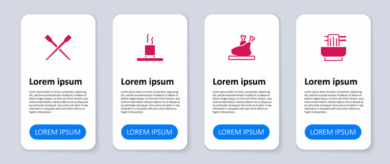 Set Asian noodles in bowl, Roasted turkey or chicken, Cup of tea and Food chopsticks. Business infographic template. Vector