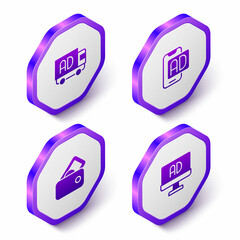 Set Isometric Advertising on truck, Wallet with money and icon. Purple hexagon button. Vector
